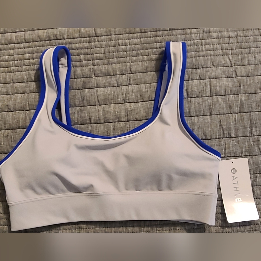 Athleta Breathe Longline Bra - Sports Gray/Silver with Blue Trim